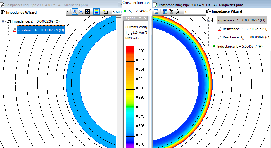 Current density distribution in a pipe at 0 Hz and 60 Hz